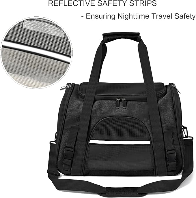 Dog Cat Carrier Soft for Small Pet Up to 16 Lbs TSA Airline Approved Travel Carrier Collapsible Puppy Car Mesh Bag 17.5 * 10.2 * 11.4 inch - Black