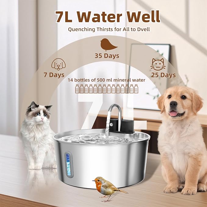 Dog Water Fountain Stainless Steel: 7L/236oz Cordless Large Dog Water Bowl Dispenser Automatic Cat Pet Water Fountain Indoor with Deeper Drinking Area, Multi-Pet Water Fountain with Ultra-Quiet Pump