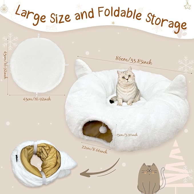 OurWarm White Cat Tunnel Bed Under Christmas Tree, Fluffy Plush Cat Tunnel Christmas Tree Skirt, Collapsible Peekaboo Donut Cave with Washable Mat and Hanging Ball for Indoor Small Animals