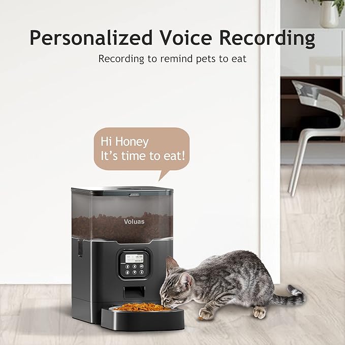 VOLUAS Automatic Cat Feeders - Pet Dry Food Dispenser with Timer, Automatic Cat Feeders with Desiccant Bag, Programmable Portion Size Control 4 Meals Per Day, 10s Voice Recorder