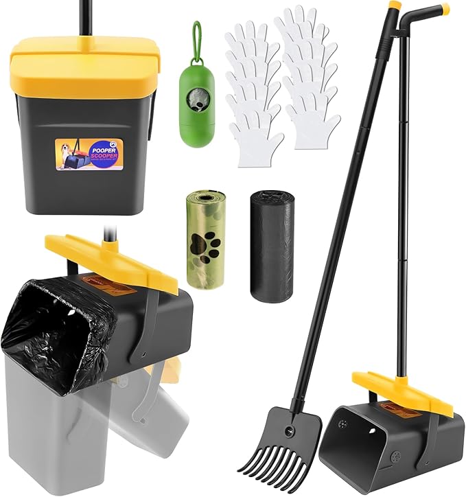 LANNEY Pooper Scooper - 46" Long Adjustable Handle Dog Pooper Scooper, Swivel Bin, Rake and 35 Waste Bag, Heavy Duty Poop Scooper for Large Medium Small Yard Dog Pet