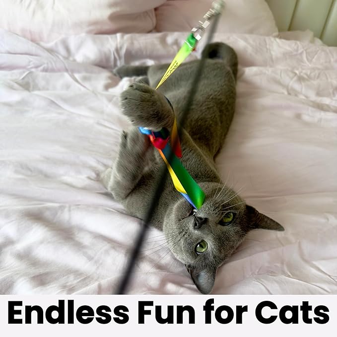 Forever Stick Ribbons - The Unbreakable Cat Toy Wand & Ribbon Attachments (3 Pc), Extra Long Durable Interactive Cat Toy for Indoor Cats, Feather Kitten Toys for Bored Indoor Adult Cats