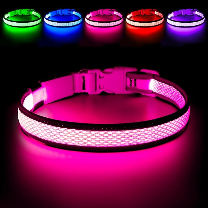Flashseen LED Dog Collar, USB Rechargeable Light Up Dog Collar Lights, Adjustable Comfortable Soft Mesh Safety Pet Collar for Small, Medium, Large Dogs(Medium, Candy Pink)