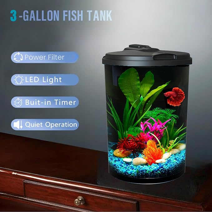 Koller Products 3-Gallon 360 Aquarium with LED Lighting (7 Color Choices) and Power Filter, Ideal for a Variety of Tropical Fish,Crystal-Clear Clarity,AP360A-3FFP
