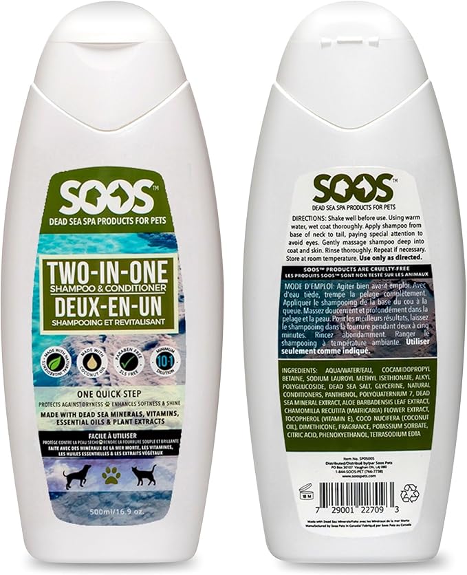 Soos Pet Dog Shampoo and Conditioner for Cats and Pets Natural Dead Sea Minerals Two-in-One Deeply Absorbing with Essential Oils Natural Ingredients Vitamins Antifun-gle - 1x Pack (500ml)