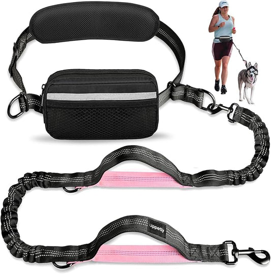 Hands Free Dog Running Leash with Waist Belt, Dual Handle Elastic Bungees Retractable Rope for Small and Medium Dogs, Reflective Stitches for Walking Hiking Biking (Medium Pink, 8-25lb)