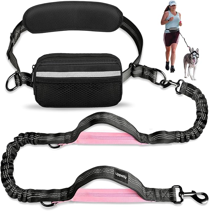 Hands Free Dog Running Leash with Waist Belt, Dual Handle Elastic Bungees Retractable Rope for Medium and Large Dogs, Reflective Stitches for Walking Hiking Biking (Large Pink, 25-120lb