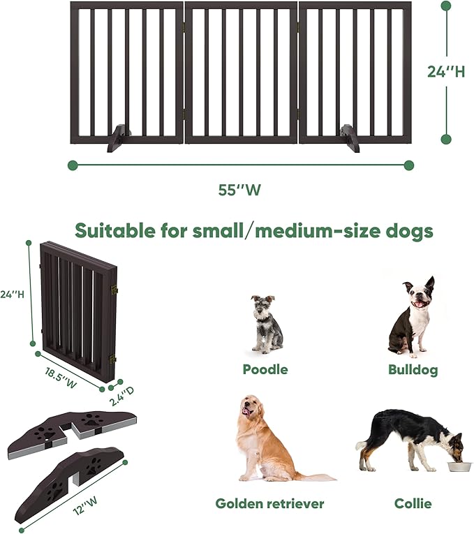 Freestanding Foldable Dog Gate - Indoor Pet Gate with Metal Support Feet, Room Divider 3 Panels (Brown)