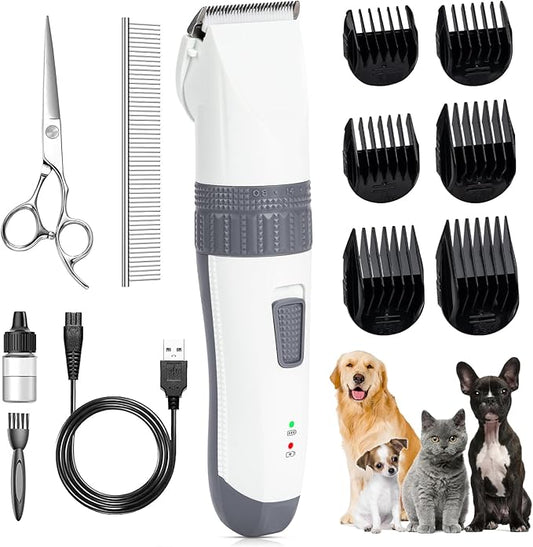 Dog Grooming Clippers, Low Noise, Electric Quiet, Adjustable Clipper Comb, Rechargeable Cordless Dog Hair Clippers for Dogs Cats Pets (White)