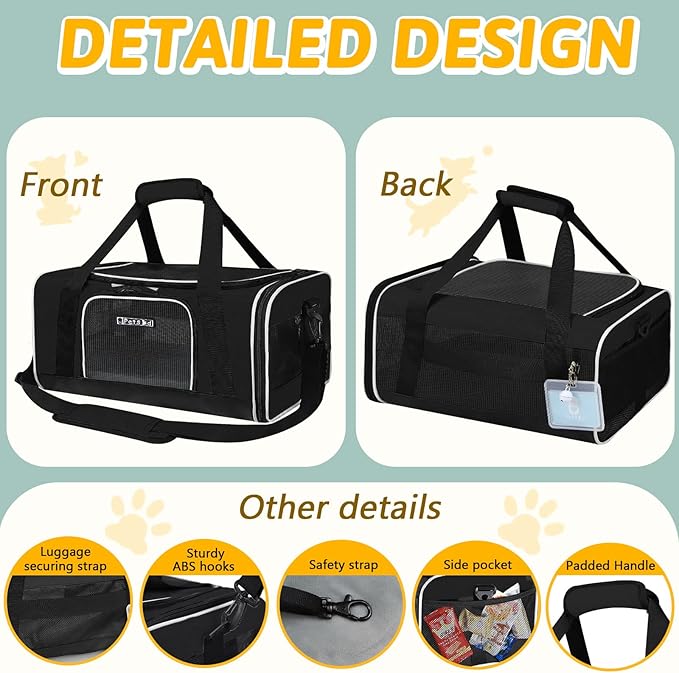 Petskd Pet Carrier 17x12x8.5 JetBlue Allegiant Airline Approved,Pet Travel Carrier Bag for Small Cats and Dogs, Soft Dog Carrier for 1-8 LBS Pets,Dog Cat Carrier with Safety Lock Zipper(Black)
