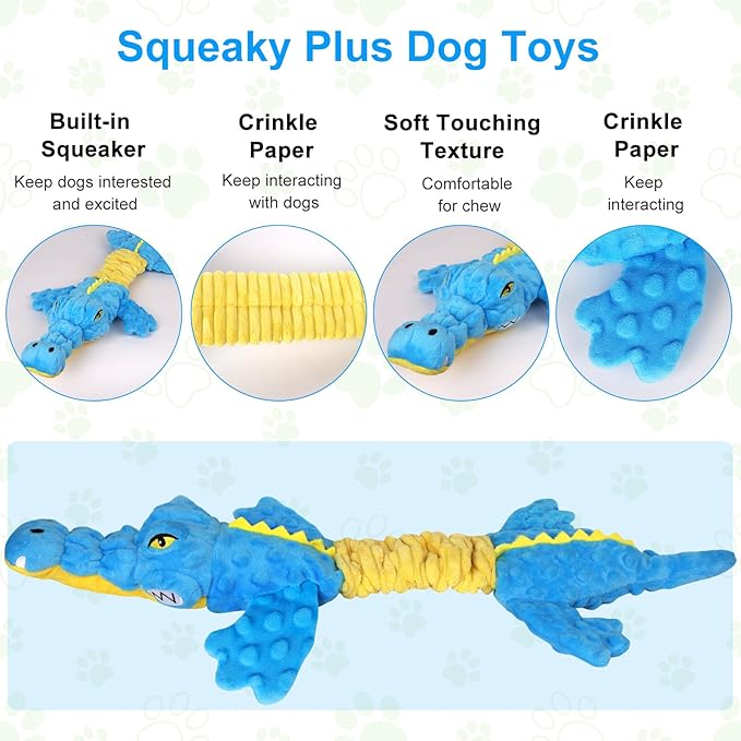 Dog Toys Cute Crocodile Squeaky Plush Pet Toy for Small to Large Breeds Interactive Chew Toy with Whistle & Crinkle Paper Tough Pet Toys for Aggressive Chewers and Puppies & Dog Lovers