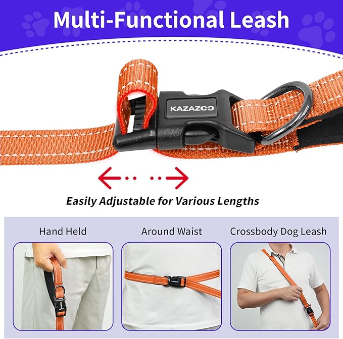 Hands-Free Dog Leash with Adjustable Length 6-9FT + Dual Padded Handles Reflective Safety for Walking, Jogging & Training | Suitable for Medium to Large Dogs & Puppies Orange-L