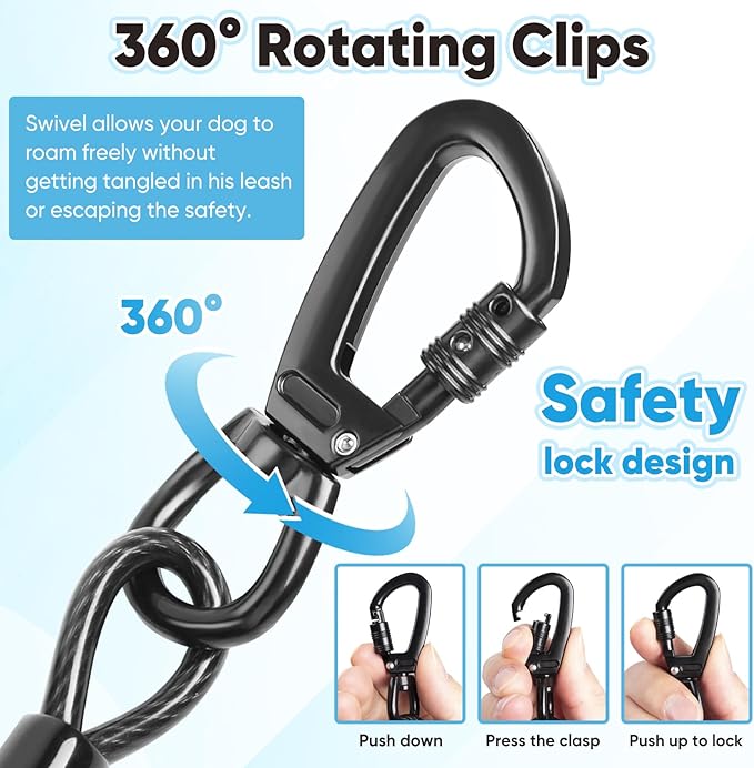 Heavy Duty Dog Tie-Out Cable and Stake for Yard Camping, with 30ft Heavy Duty Cable with Spring, for Small Medium Large Dogs up to 210 lbs, 360°Swivel Dog Run- No Tangle, Spiral Dog Stake