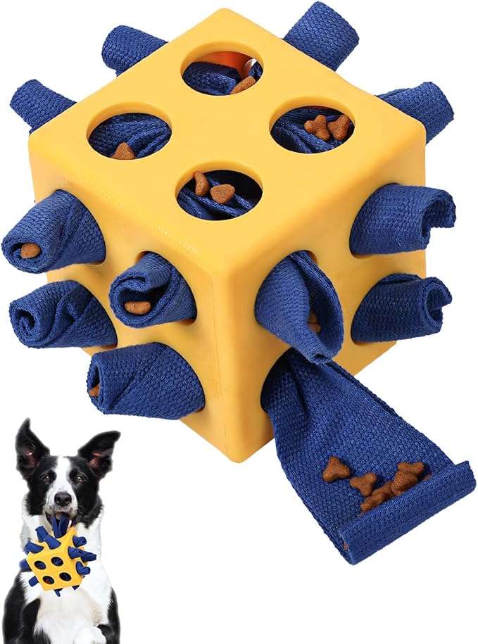 Interactive Puzzle Dog Toy Encourage Natural Foraging Skill, Durable Dog Enrichment Toy Snuffle Cube Cloth Strip with Hide & Seek Food, Slow Feeder for Mind Stimulate & Stress Relief (Yellow)