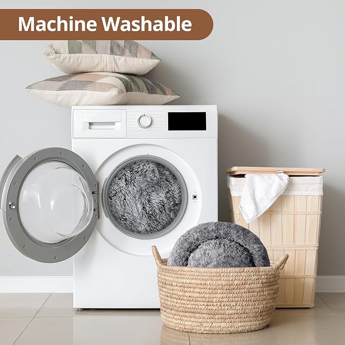 JOLLYVOGUE Large Calming Dog Bed, Anti-Anxiety Donut Cuddler Cat Bed with Anti-Slip Bottom, Fluffy Faux Fur Machine Washable Pet Cushion for Medium Large Dog & Cat, 36"/Smoke Black