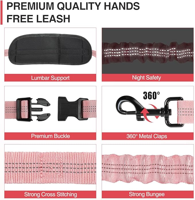 Kytely Hands Free Dog Leash with Zipper Pouch, Wide Padded Waist Dog Running Leash, Dual Padded Handles, Retractable Bungee for Walking Jogging Training Hiking