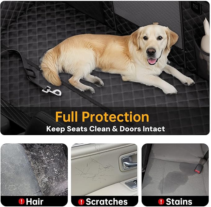 Dog Car Seat Cover for Back Seat Hard Bottom, [Powerful Holds 450 Ibs] [Space+50%] 600D Waterproof Non-Slip Car Hammock, Back Seat Extender Dogs, Sedans/SUVs/Trucks, Standard, Black