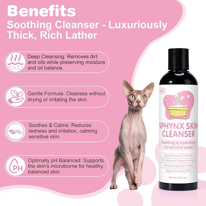 Sphynx Cat Skin Care Duo | Hypoallergenic Shampoo & Conditioner for Hairless Cats | Relieves Dry, Itchy Skin, Moisturizing | Veterinarian Approved, 2 Bottles