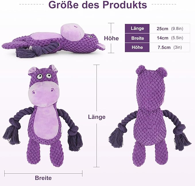 Dog Toys, Dog Squeaker Toys with Crinkle Paper, Stuffed Animal Dog Plush Chewing Toy, Cotton Rope Interactive Toys for Puppy, Small, Middle Dogs (Purple Hippo)
