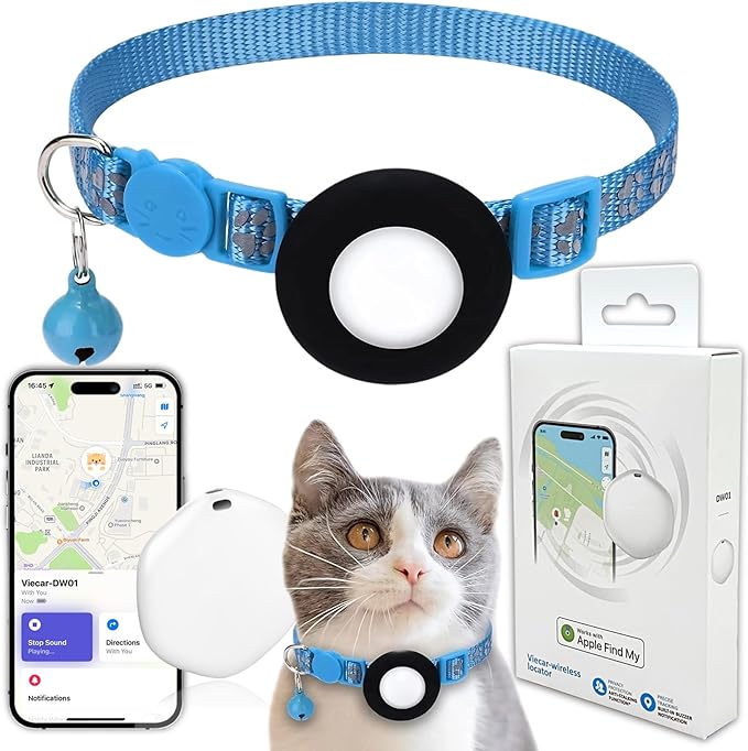 GPS Tracker for Cats, Mini GPS Pet Tracker with Collar, IP68 Waterproof Cat Trackers Collar,No Monthly Fee,Work with Apple Find My(iOS Only),Smart Trackers for Pets(Blue)