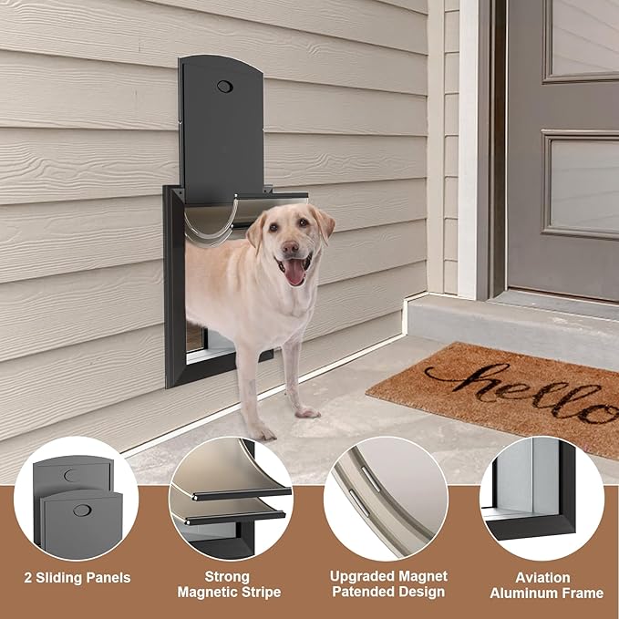 Large Dog Door for Wall, Heavy Duty Dog Door with Aluminum Frame and Telescoping Tunnel, Two Magnetic Flaps and Two Sliding Lock Panels, Up to 110lbs, Black.
