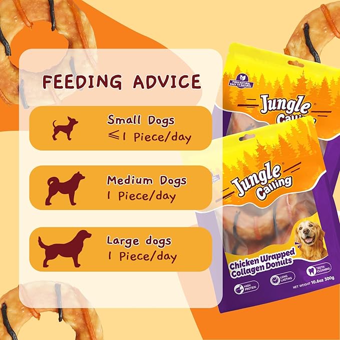Jungle Calling Dog Treats, Long Lasting Collagen Chews for Dogs, Chicken Wrapped Collagen Donuts, High Protein Rawhide Alternative Chewy Snacks for Medium and Large Dogs (4 Counts)