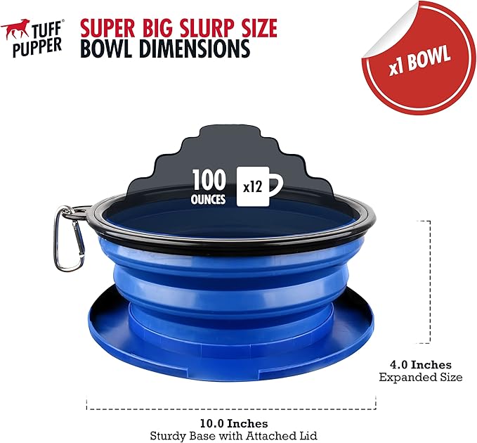 Tuff Pupper SuperBigSlurp Collapsible Dog Bowls, Extra Large Capacity, Portable, Food Safe, Odorless, Non-Toxic Silicone