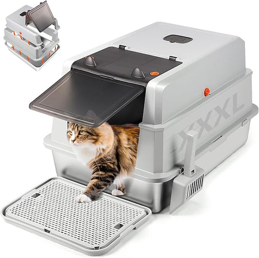 XXXL Stainless Steel Litter Box with Lid, Extra Large 28" L x 20" W x 17" H Enclosed Metal Cat Litter Box with Litter Scoop & Foot Pedal, Odor Control, Easy Cleaning for Big Cats (Light Grey)