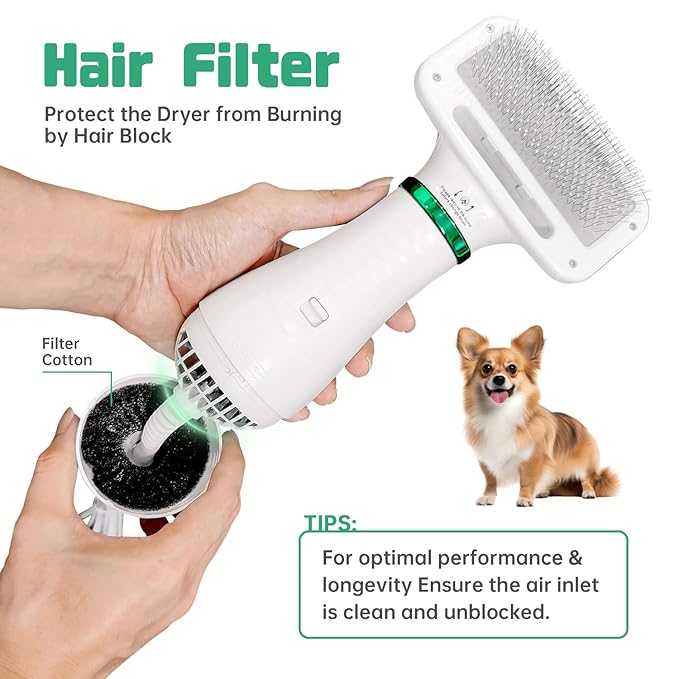 Dog Hair Dryer, 2-in-1 Dog Blow Dryer with Slicker Brush, 300W Pet Hair Dryer for Small and Medium-Sized Dogs and Cats, Dog Grooming Dryer Portable ＆ Adjustable Temperature