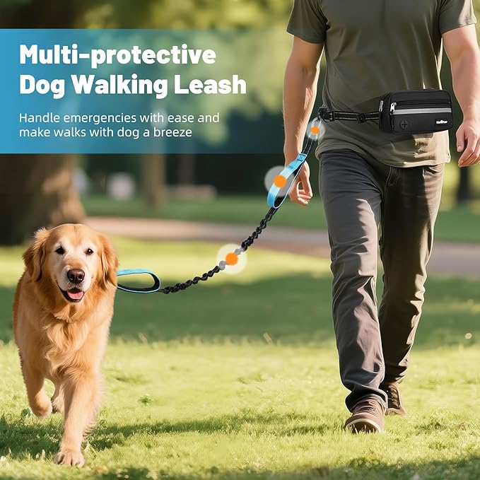 Hands Free Dog Leash, Shock Absorbing Waist Leash for Dog Walking, Jogging, Hiking, Adjustable Waist Belt with Fanny Pack & Handle, Reflective Pet Running Belt for Small, Medium, Large Dogs