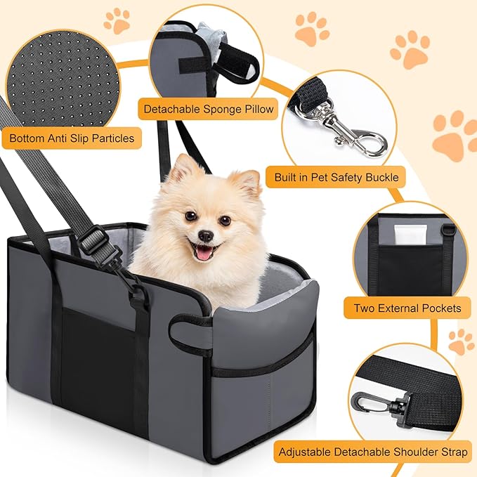 Portable Dog Car Seat for Small Dogs - Adjustable Safety Leash, Washable Cushion & Storage Pocket - Pet Booster Seat for Car Travel- Grey