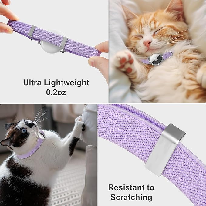 AirTag Cat Collar,Ultra Elastic Cat Tracker Collar with Apple Air Tag Holder, [Lightweight][Scratch Resistant] Stepless Adjustable GPS Pet Collar for Cats Kittens (Purple)