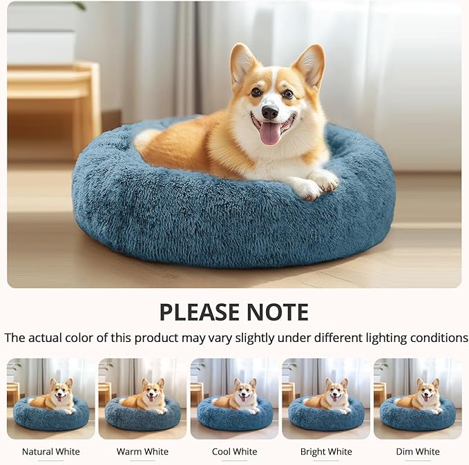 JOLLYVOGUE Calming Dog & Cat Bed for Small Dogs, Anti-Anxiety Donut Cuddler Cozy Soft Round Bed with Anti-Slip Bottom, Fluffy Faux Fur Plush Cushion Beds for Small Medium Pets (20")