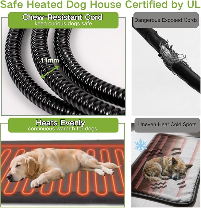 Heated Dog House Outdoor with Bowls Weatherproof Dog Kennel with Heating Pad Anti-Chewing Iron Frame Dog Shelter for Small Medium Dogs(Wooden Brown)