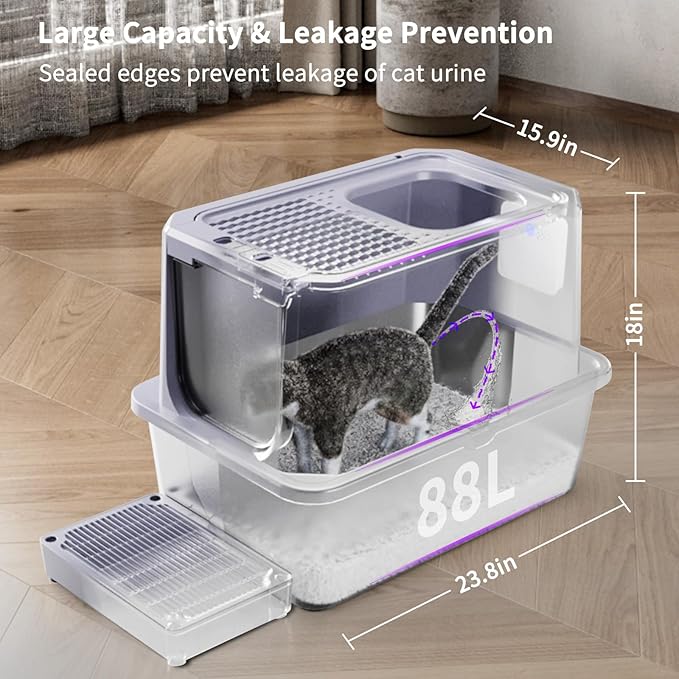 RIZZARI Stainless Steel Cat Litter Box, Odorless Enclosed Litter Box with Top Holes, Large Litter Pan for Small to Large Sized Cats (Cool Gray, 23.8" L*15.9" W*18" H)
