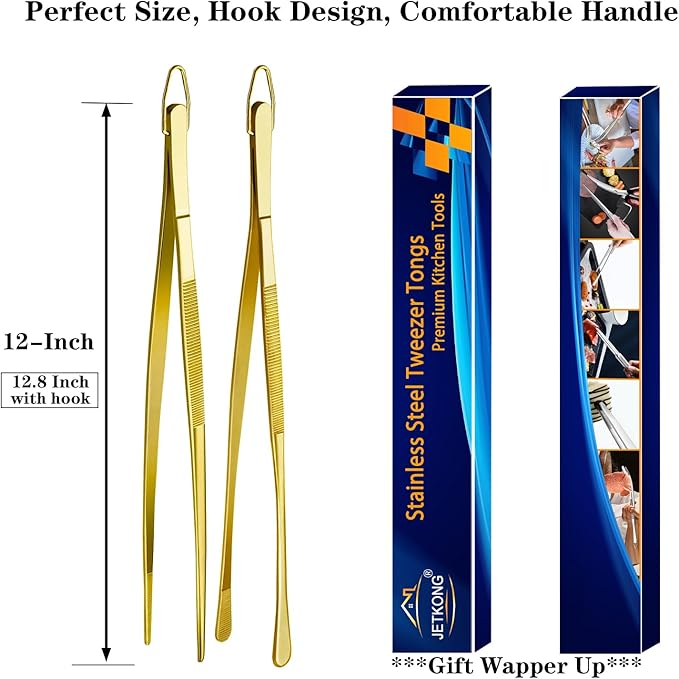 JETKONG 2 Pcs 12-Inch Cooking Tweezers Stainless Steel Food Tweezers Kitchen Tweezer Tongs (Gold)
