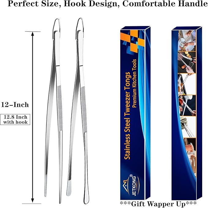 JETKONG 2 Pcs 12-Inch Kitchen Tweezers Fine Tweezer Tongs, Extra-Long Stainless Steel Cooking Tweezers (Silver)