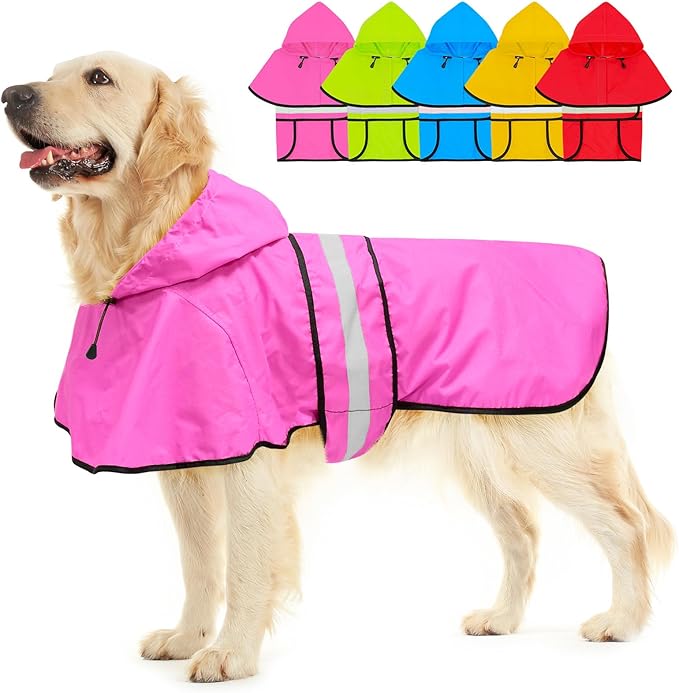 Hooded Dog Raincoat - Reflective Dog Rain Jacket Lightweight Rain Coat for Small Medium Large Dogs (XX-Large, Pink)
