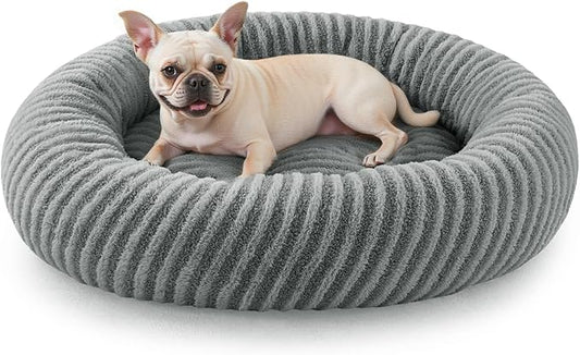 MIXJOY Calming Dog Bed Medium Size, Donut Dog Beds Medium Sized Dogs, Fluffy Plush Faux Fur Round Dog Cat Cuddler with Removable Washable Cover, 30"x30"x8", Grey