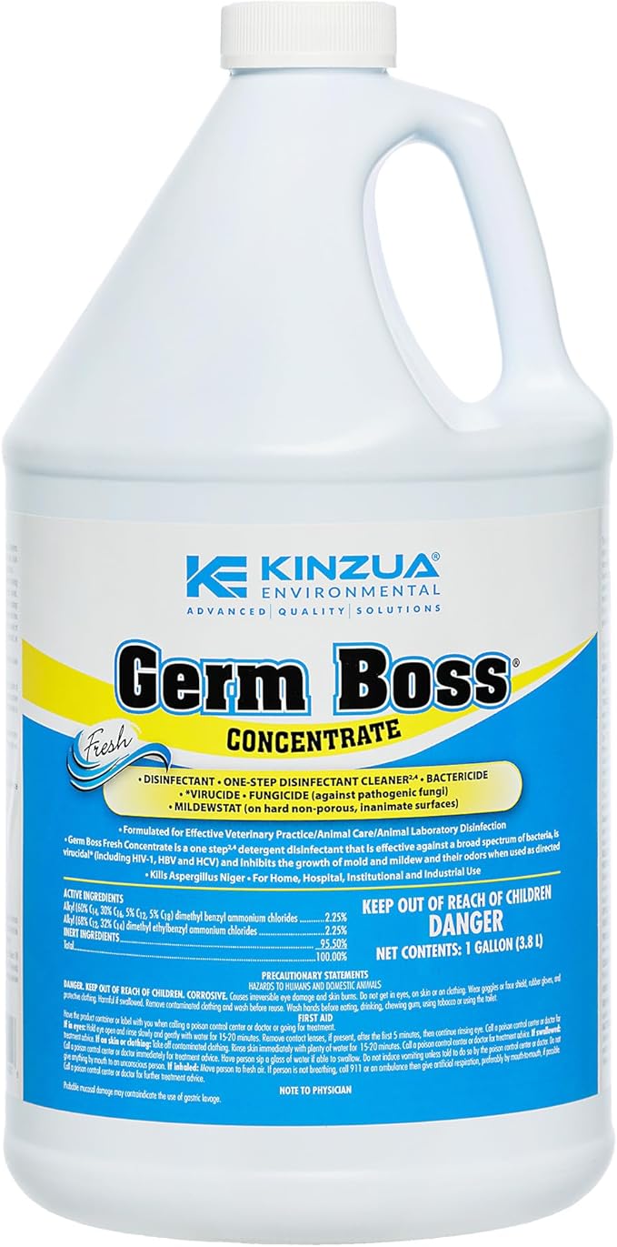 KINZUA ENVIRONMENTAL Germ Boss, Multipurpose Disinfectant Cleaner & Deodorizer, Disinfectant Liquid Concentrate with Fresh Scent for Homes, Kennels, Institutional & Industrial Strength, 1 Gal