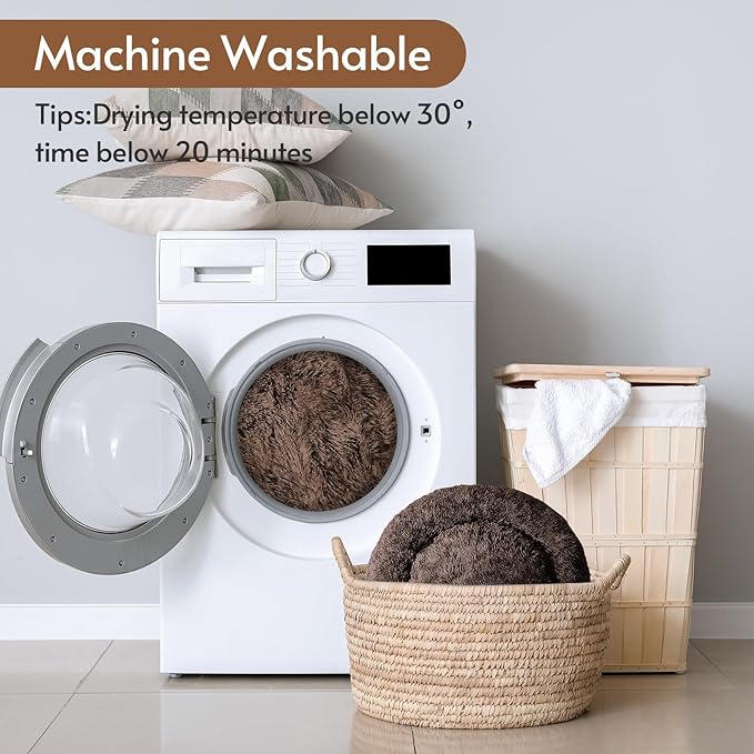 JOLLYVOGUE Calming Dog & Cat Bed for Large Dogs, Anti-Anxiety Donut Cuddler Cozy Soft Round Bed with Anti-Slip Bottom, Fluffy Faux Fur Plush Cushion Beds for Medium Dogs (36")