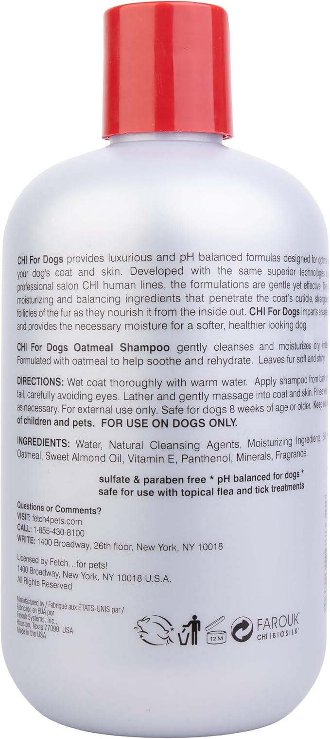 CHI for Dogs Oatmeal Shampoo - Best Dog Wash for Dry Skin and Itch Relief - Gentle Formula with Soothing Ingredients - Sulfate and Paraben Free - pH Balanced - Made in USA, 16 Fl Oz
