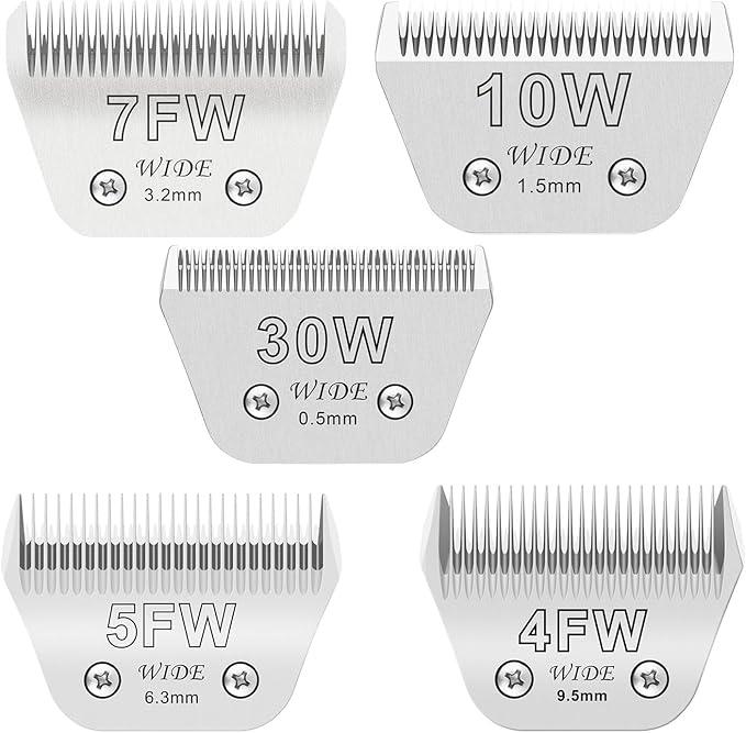 5PCS Wide Blades for Dog Grooming Blades Compatible with Andis Dog Clippers,Size #10W+30W+4FW+5FW+7FW Dog Clipper Blades Compatible with Oster A5,Wahl km10 Dog Clippers,Stainless-Steel Blade Sharp