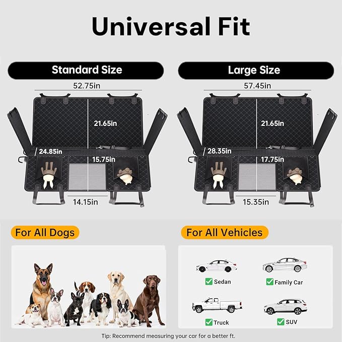 Dog Car Seat Cover for Back Seat Hard Bottom, [Powerful Holds 450 Ibs] [Space+50%] 600D Waterproof Non-Slip Car Hammock, Back Seat Extender Dogs, Sedans/SUVs/Trucks, Standard, Black