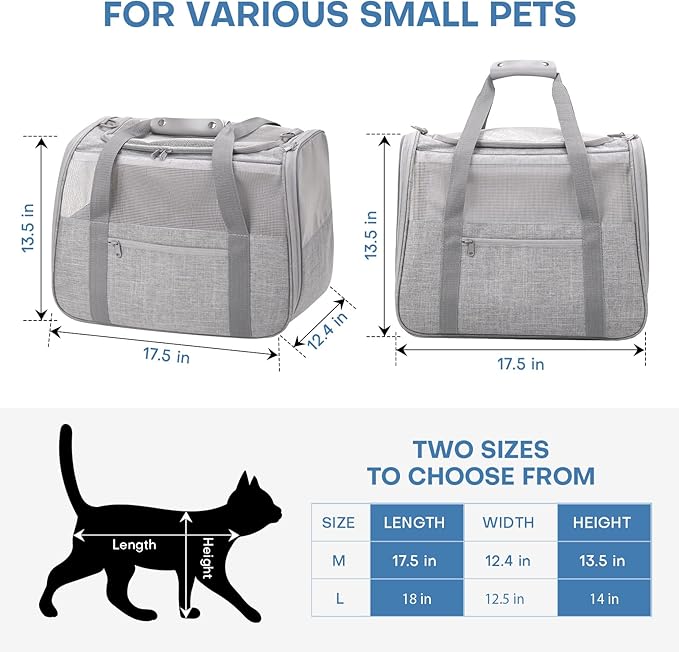 JUNGYOON Large Cat Carrier – Soft-Sided Airline-Approved Pet Carrier Bag with Top Opening, Portable Travel Carrier for Big Cats & Dogs Up to 20lbs – Safety Zippers, Collapsible Bowl,Grey