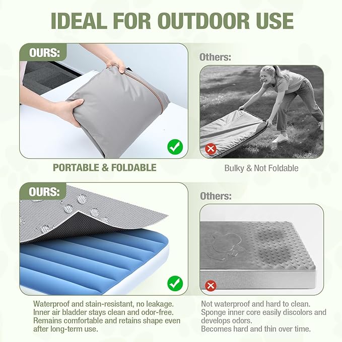 Lekereise Travel Dog Bed (49" x 26") – Foldable, Inflatable Outdoor Dog Bed,Portable & Machine Washable – Comes with a Manual Inflator - Grey