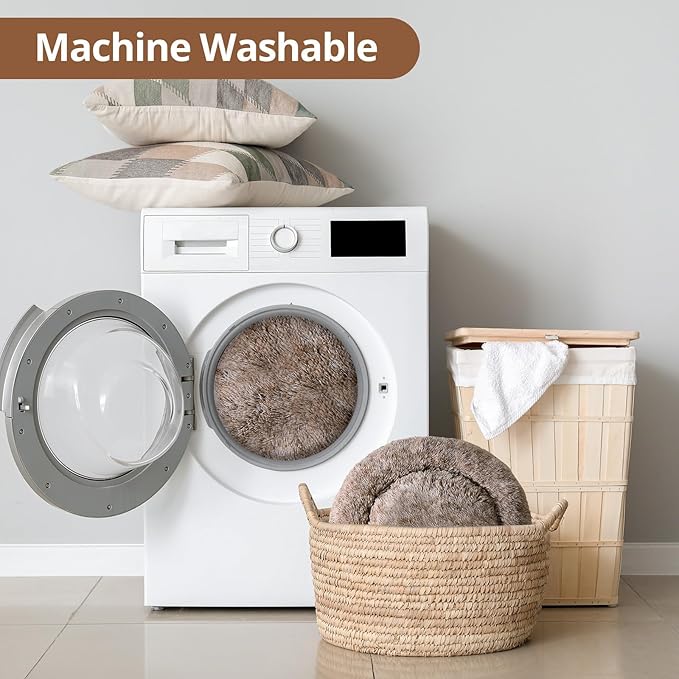 JOLLYVOGUE Large Calming Dog Bed, Anti-Anxiety Donut Cuddler Cat Bed with Anti-Slip Bottom, Fluffy Faux Fur Machine Washable Pet Cushion for Medium Large Dog & Cat, 36"/Smoke Brown