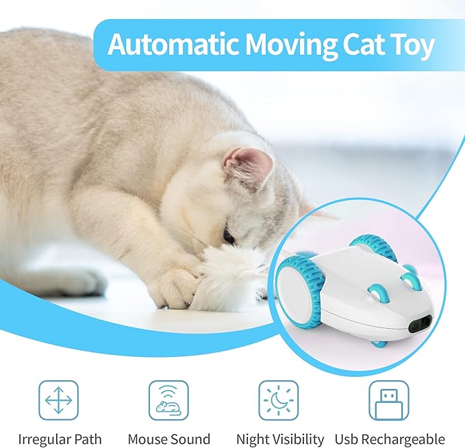 PETGEEK Automatic Cat Mouse Toys Interactive Cat Toys for Indoor Cats, Smart Sensing Moving Electric Cat Toys with Catnip Wand, USB Rechargeable Remote Control Squeaky Mouse Cat Toy, 3 Catnip Tails