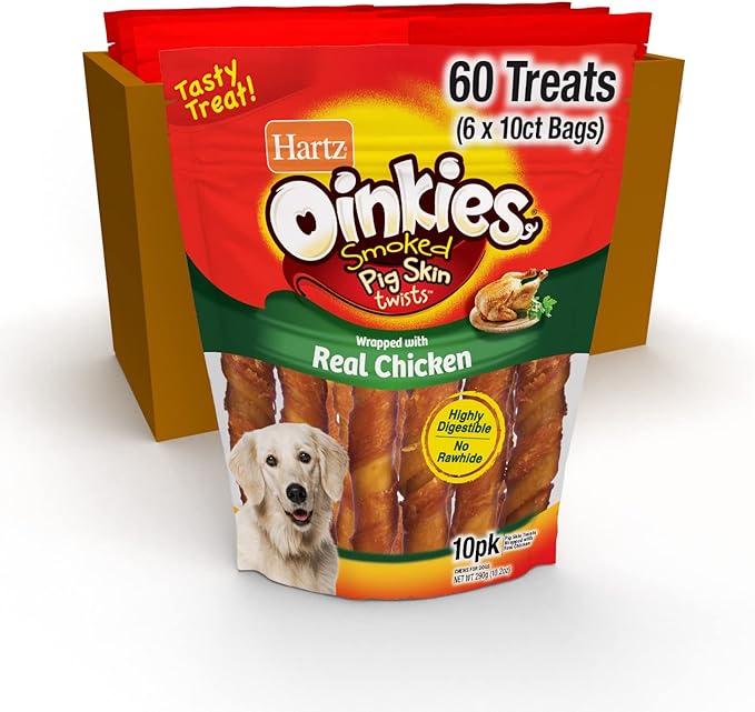 Hartz Oinkies Smoked Pig Skin Chicken Jerky Twists Dog Treats, 10 Count (Pack of 6) (Packaging May Vary)