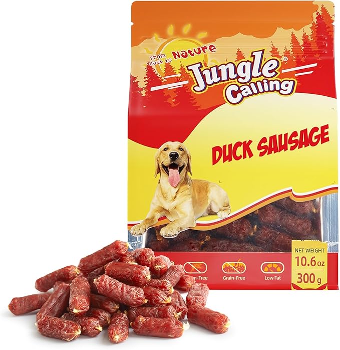 Jungle Calling Grain-Free Duck Sausage Dog Treats, Single Ingredient Duck Jerky, Soft & Chewy Training Treats for Small & Medium Dogs, 10.6 oz
